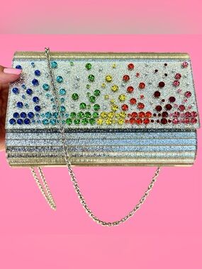 Kurt Geiger NWOT Party Bag Crossbody/Clutch Silver Thick Acrylic RainbowCrystals